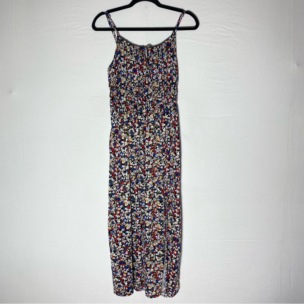 Denver Hayes Blue Red White Beige Green Ditsy Floral Tiered Maxi Dress S